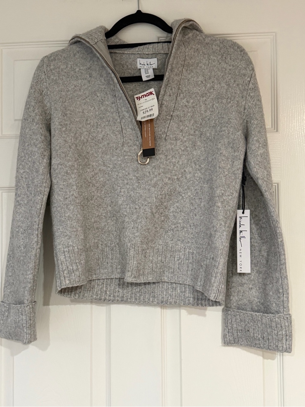 Nicole Miller Light Gray Hooded Half-Zip Sweater